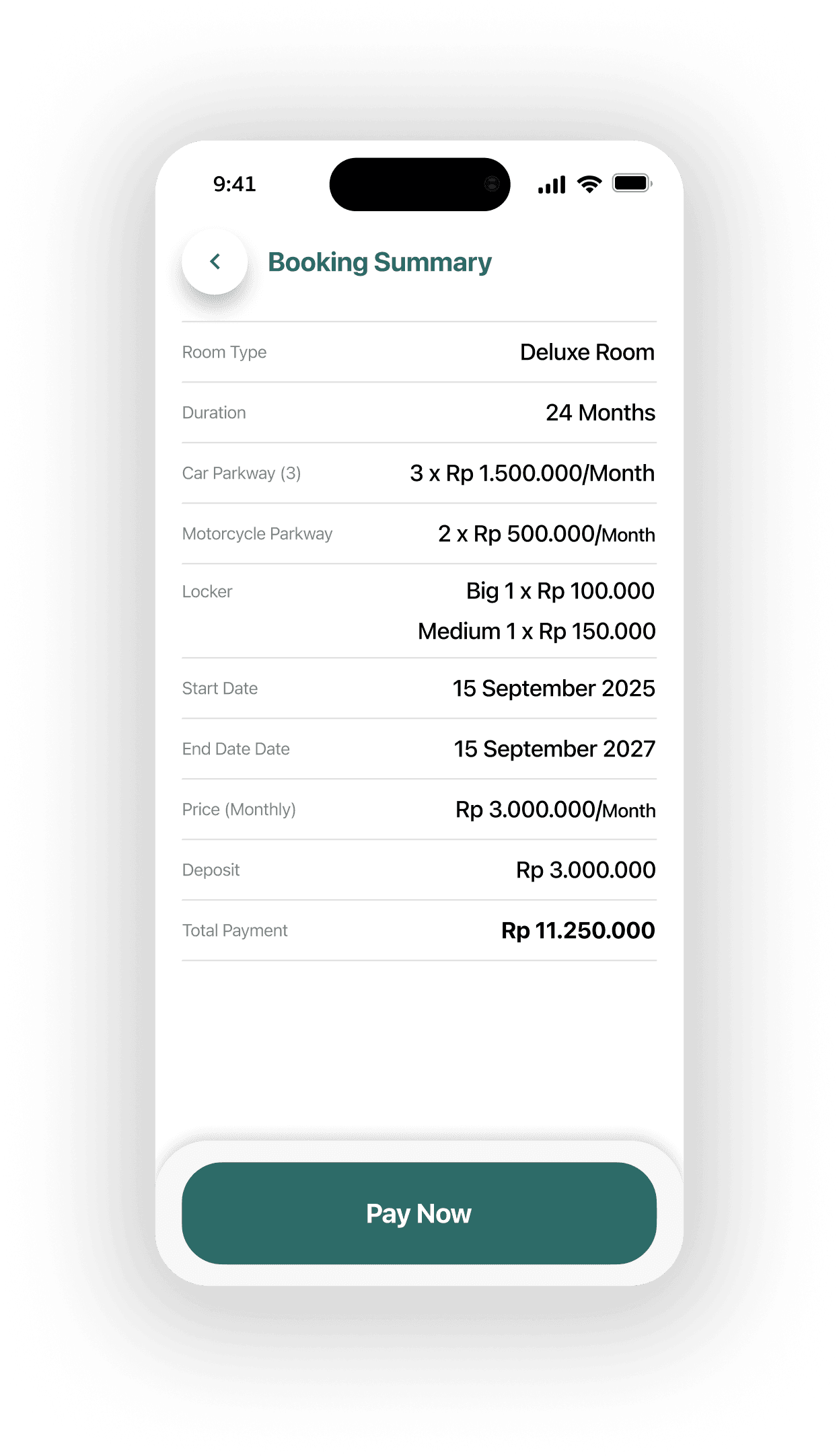 Booking summary screen