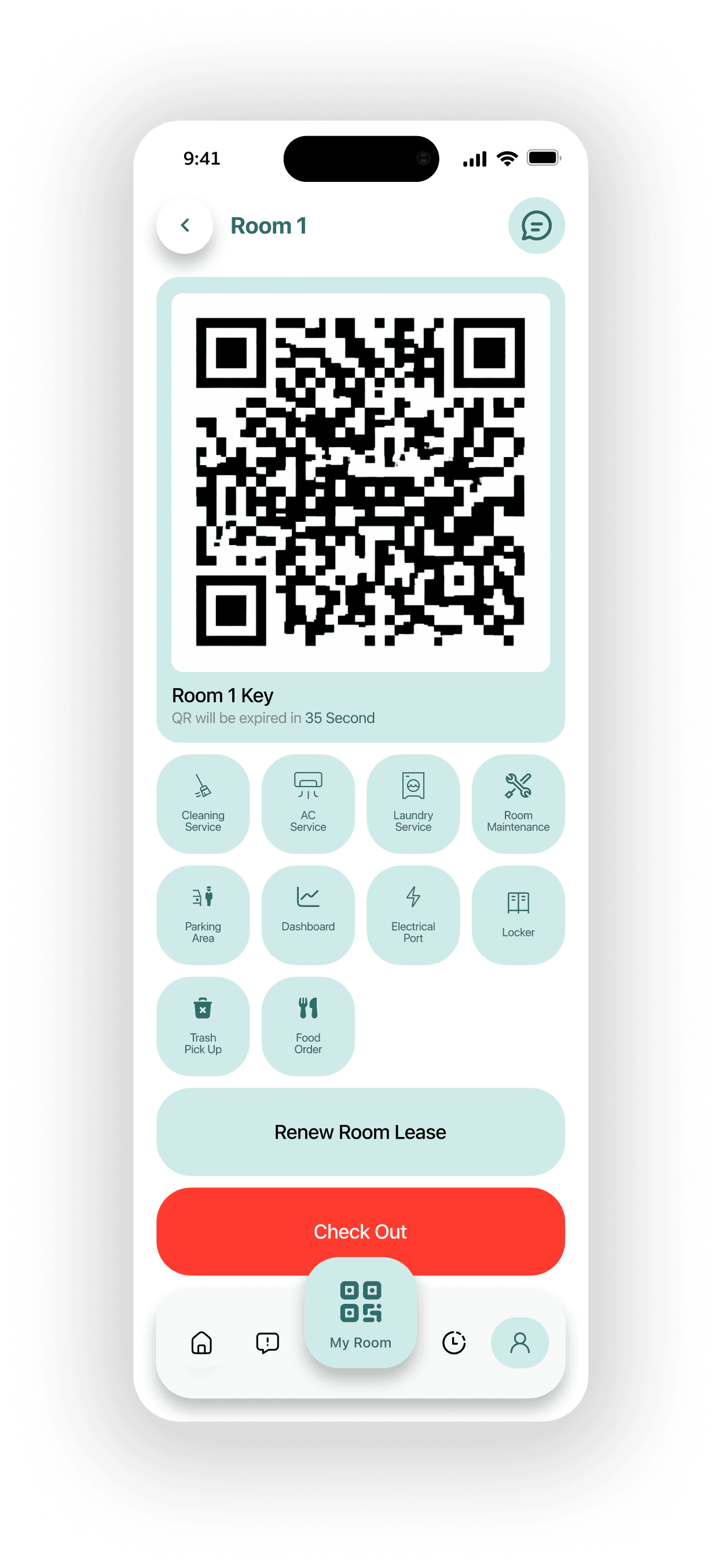 Room dashboard with QR key screen