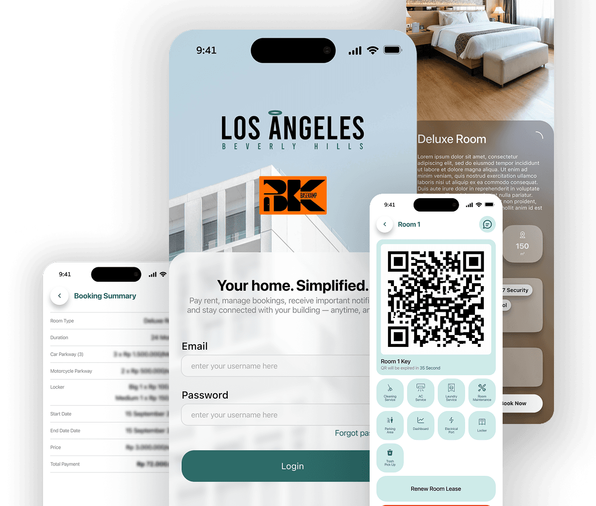 LABH app screens — login, room key QR code, and booking summary
